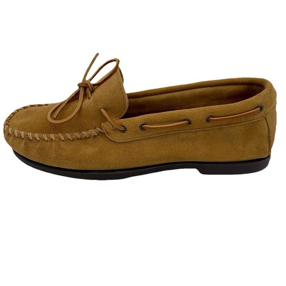 Minnetonka Moccasin Camp Moc Men Sz 10 Hard Sole Tan Brown Suede Comfort EUC - Picture 1 of 10